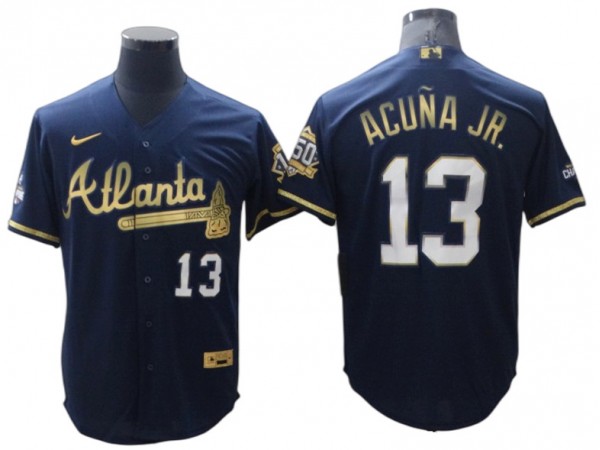 Atlanta Braves #13 Ronald Acuna Jr. Navy Golden Cool Base Jersey