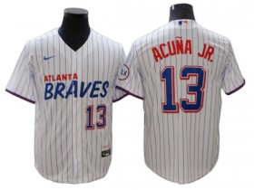 Atlanta Braves #13 Ronald Acuna Jr. White Pinstripe Cool Base Jersey