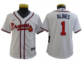 Youth Atlanta Braves #1 Ozzie Albies Cool Base Jersey - White/Navy/Red