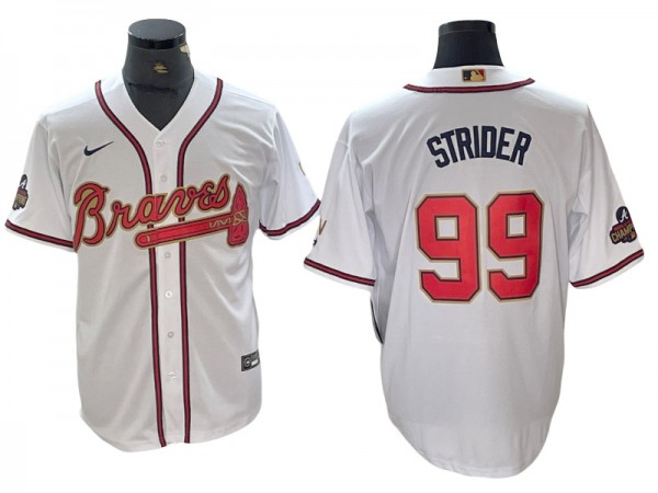 Atlanta Braves #99 Spencer Strider White 2022 Gold Program Cool Base Jersey