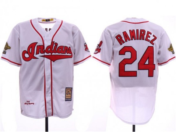 Cleveland Indians #24 Manny Ramirez White 1995 World Series Cooperstown Collection Cool Base Jersey