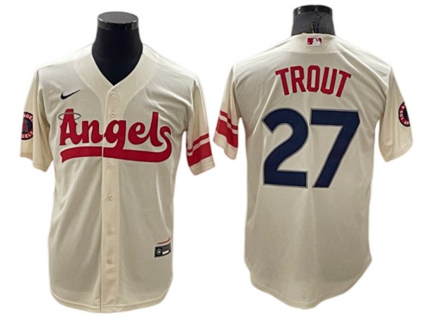 Los Angeles Angels #27 Mike Trout Cream 2022 City Connect Cool Base Jersey