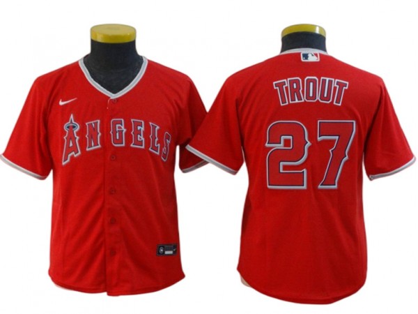 Youth Los Angeles Angels #27 Mike Trout Cool Base Jersey - Red/White/Cream