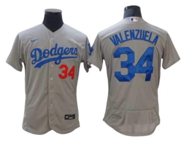 Los Angeles Dodgers #34 Fernando Valenzuela Gray Road Flex Base Jersey