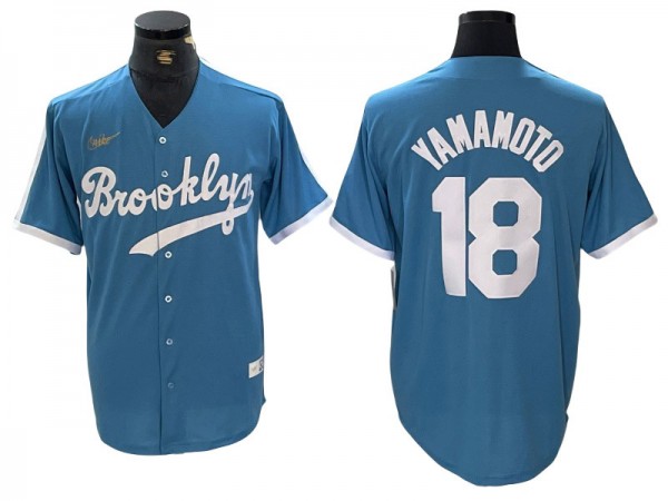 Los Angeles Dodgers #18 Yoshinobu Yamamoto Light Blue Alternate Cooperstown Collection Jersey