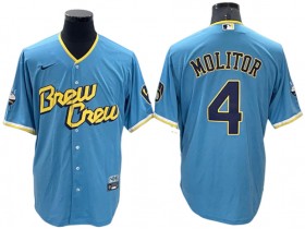 Milwaukee Brewers #4 Paul Molitor Powder Blue 2022 City Connect Cool Base Jersey