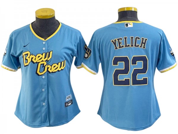 Milwaukee Brewers #22 Christian Yelich Powder Blue 2022 City Connect Cool Base Jersey