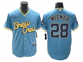 Milwaukee Brewers #28 Joey Wiemer Powder Blue 2022 City Connect Cool Base Jersey