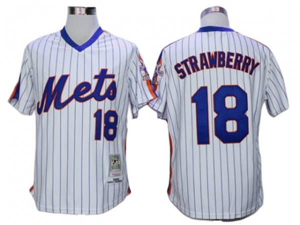 New York Mets #18 Darryl Strawberry White Pinstripe 1986 Throwback Jersey