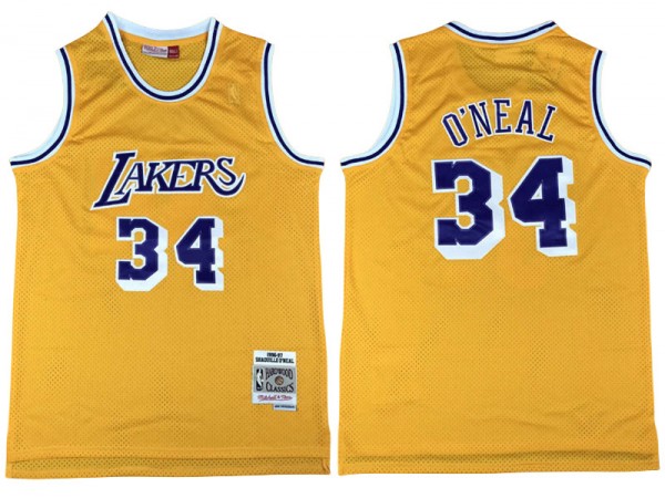 M&N Los Angeles Lakers #34 Shaquille O'neal Yellow 1996/97 Hardwood Classics Jersey