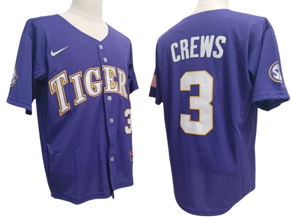 LSU Tigers #3 Dylan Crews Purple Baseball Jersey