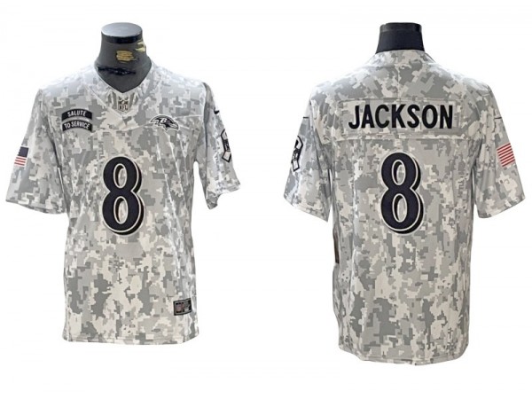 Baltimore Ravens #8 Lamar Jackson Arctic Camo 2024 Salute to Service Limited Jersey	