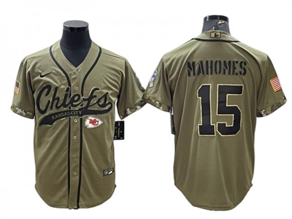 Kansas City Chiefs #15 Patrick Mahomes Baseball Jersey-Red & Black & Olive 