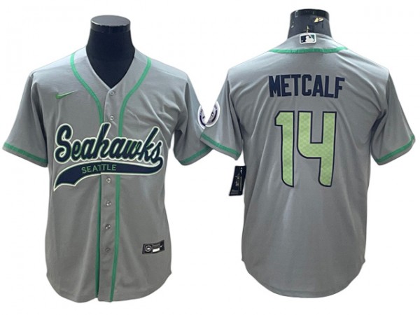 Seattle Seahawks #14 DK Metcalf Baseball Style Jersey - Navy & Gray & Neon Green