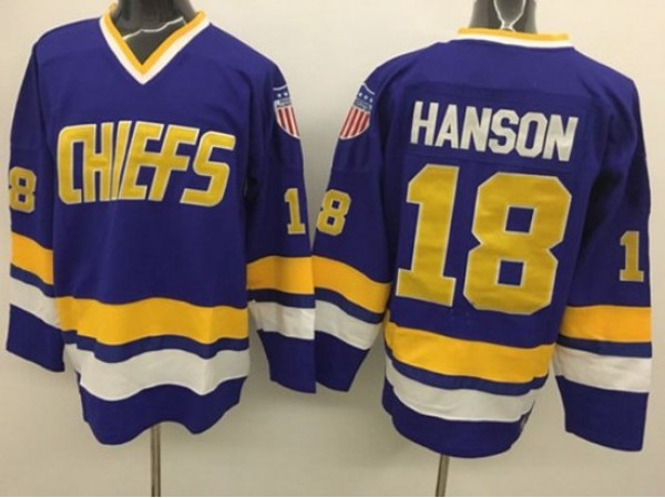 Slap Shot Charlestown Chiefs #18 Jeff Hanson Blue Movie Hockey Jersey